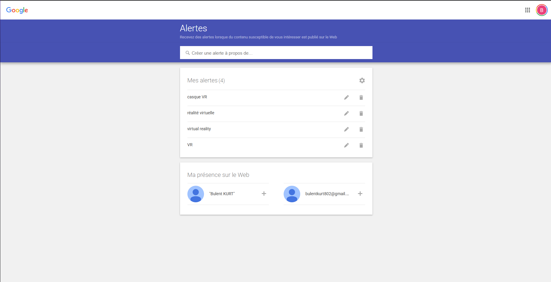 Capture d’alerte Google « virtual reality »