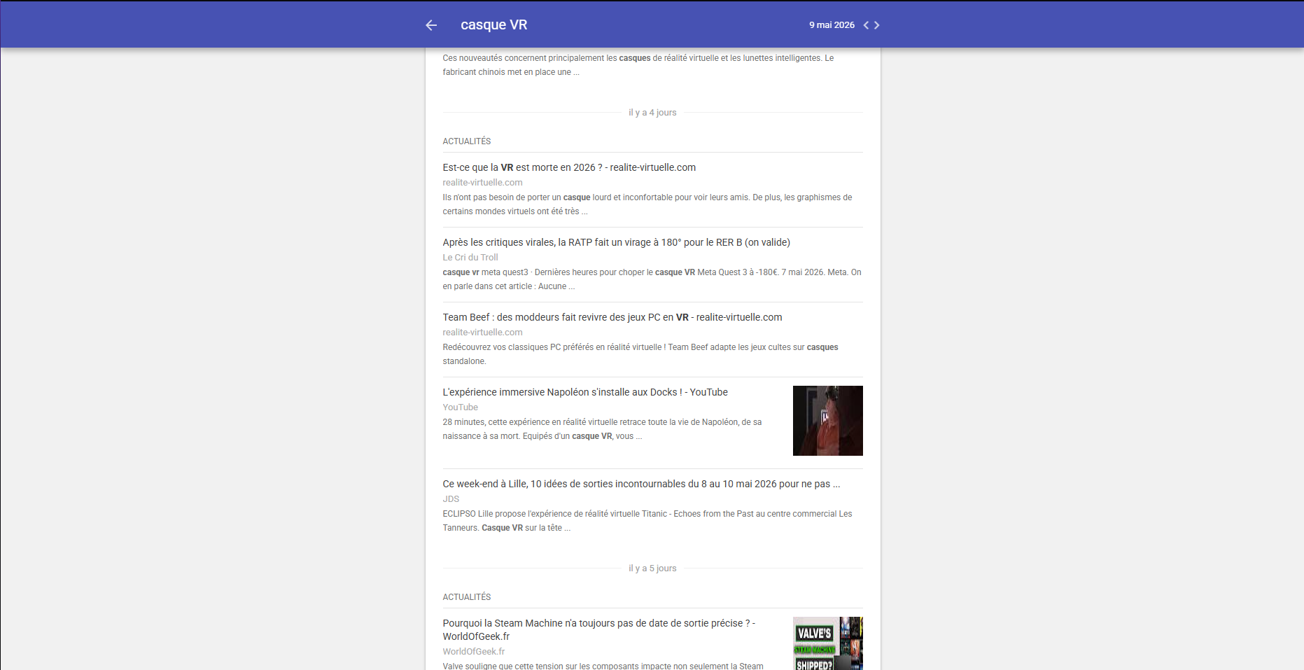 Capture d’alerte Google « casque VR »