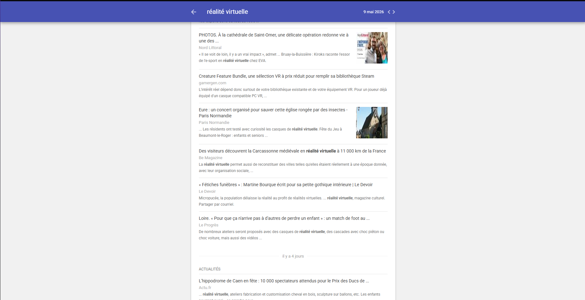 Capture d’alerte Google « réalité virtuelle »