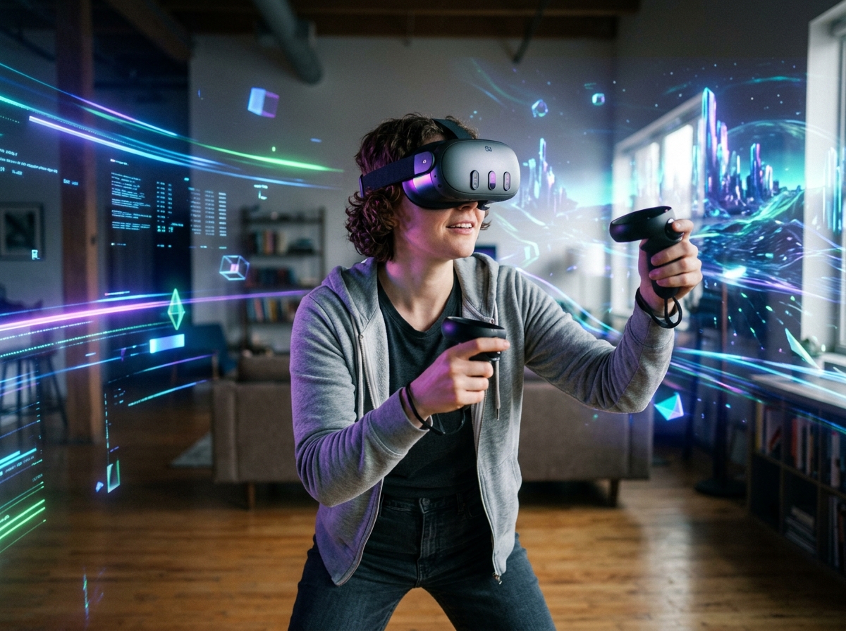 Personne équipée d'un casque VR et de contrôleurs